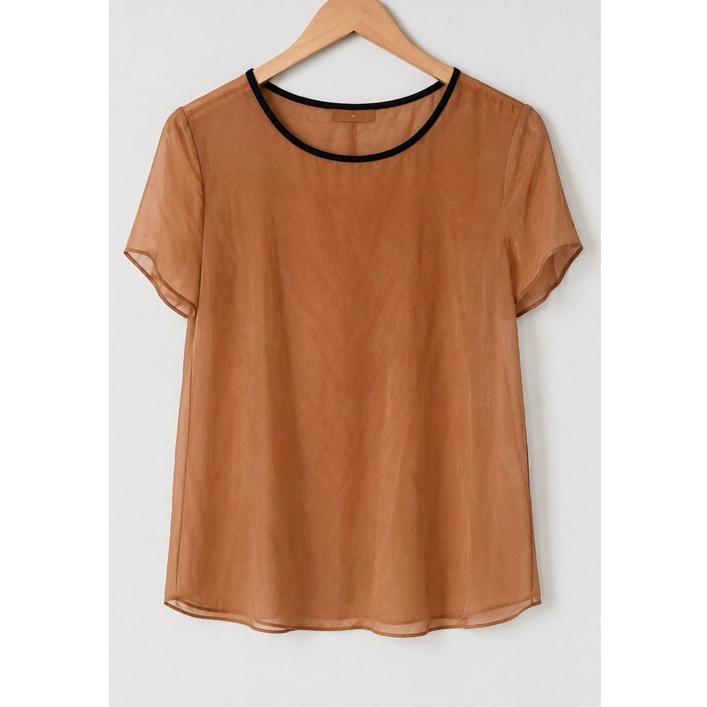 DKNY Women's Sheer Brown Solid Crew Neck Cap Sleeve Pullover Blouse Size L i#4